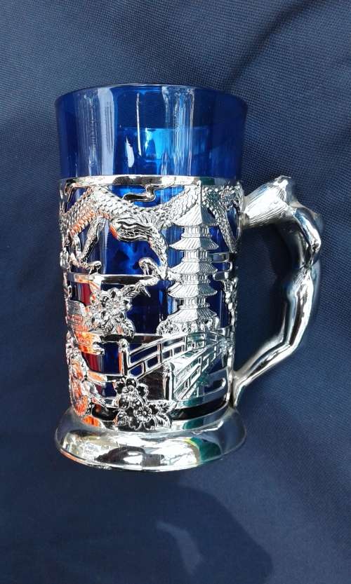 COBOLT BLUE MUGS INSILVER PLATED HOLDERS 2 UP FOR GRABS BID INDIVIDUALY